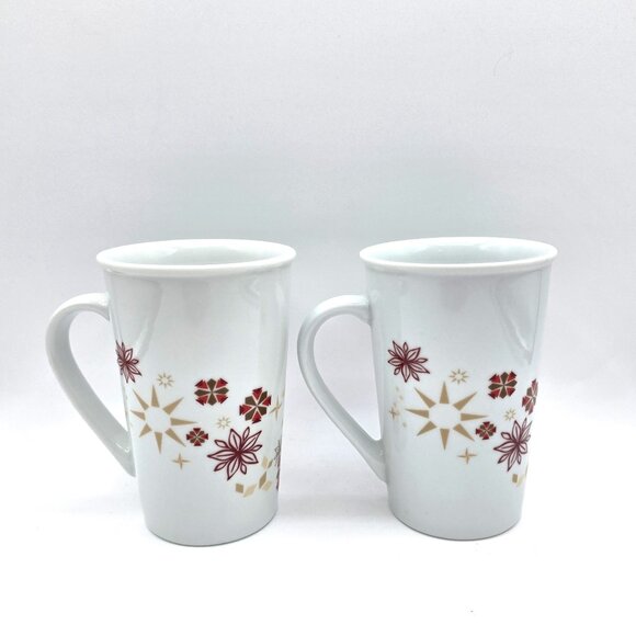2013 Holiday STARBUCKS Set of 2 Snowflake Christmas Coffee Red Gold Mug 12 oz. - Picture 1 of 9